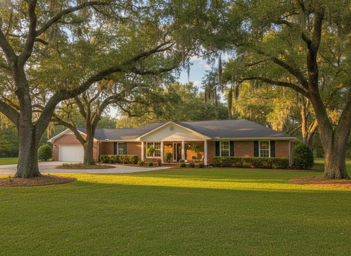 Brick ranch-style home under live oaks, typical of older Gainesville neighborhoods with popcorn ceilings