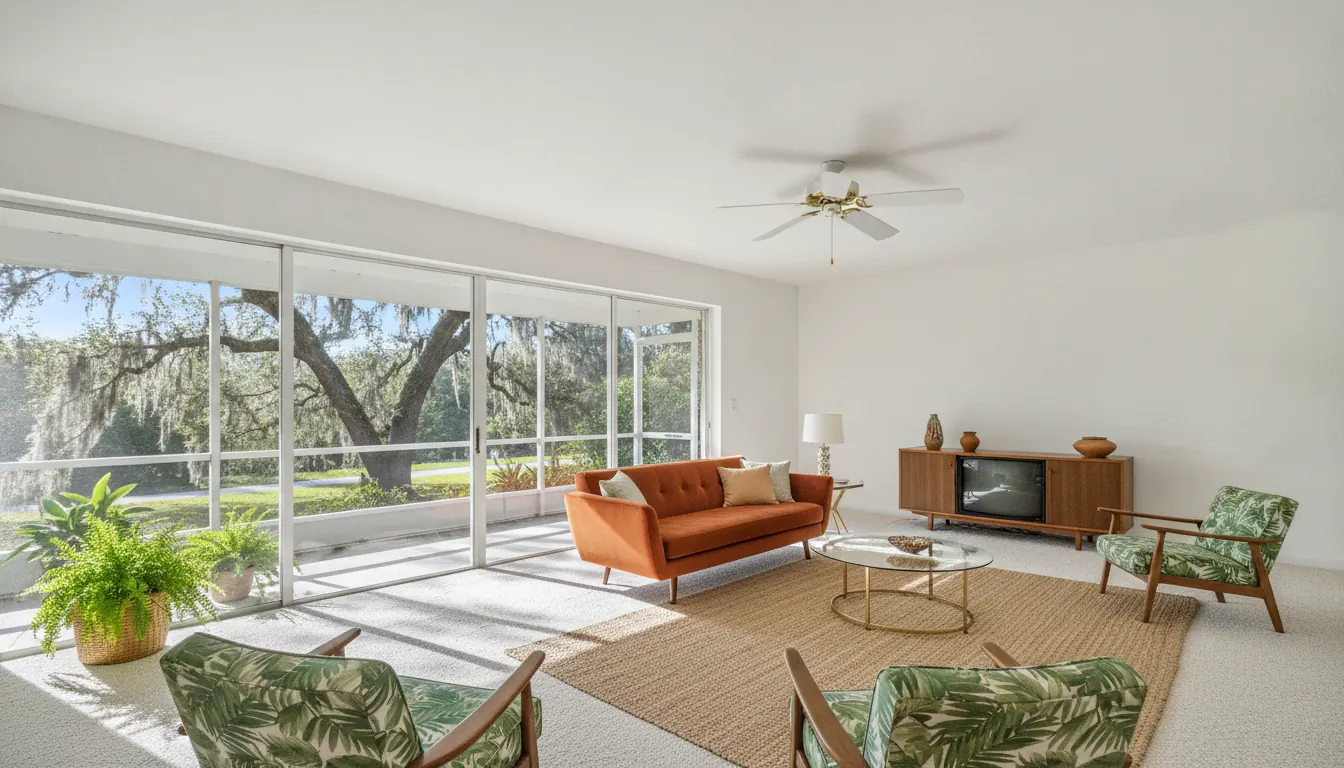 Florida ranch-style living room with a smooth white ceiling opening onto a screened lanai