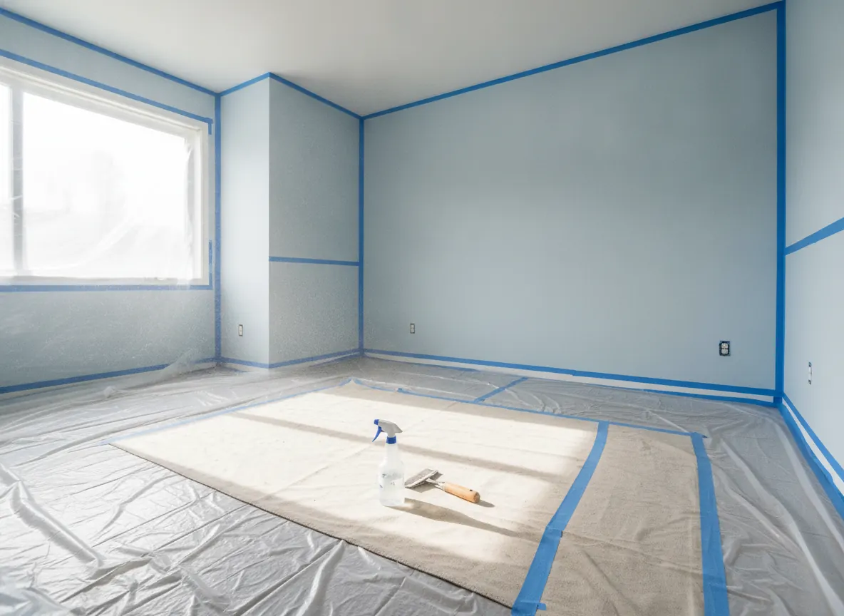 Room sealed in plastic sheeting on the floor and walls, prepared for popcorn ceiling removal