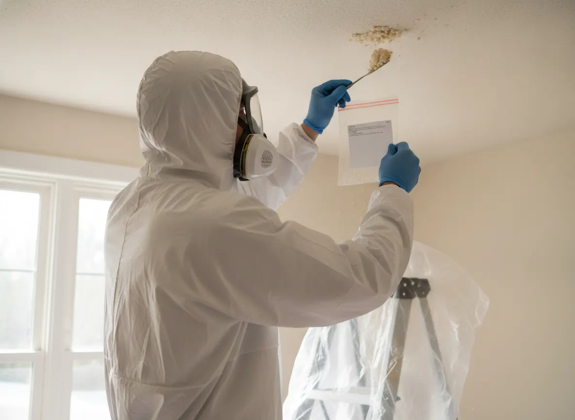 Technician in coveralls taking a small sample from a popcorn ceiling for asbestos testing