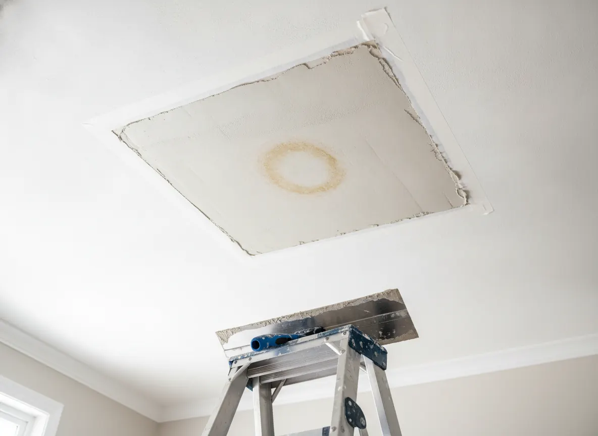 Drywall patch over a water stain on a ceiling ready for finishing