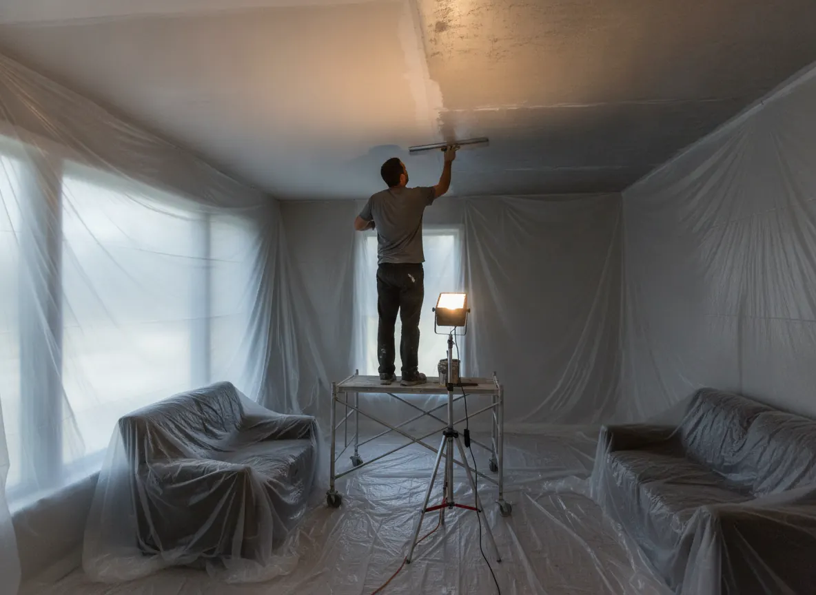 Finisher skim coating a ceiling with joint compound for a smooth finish